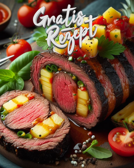 Rezept: Flank-Steak-Rolle mit Ananas-Tomaten-Salsa vom Grill