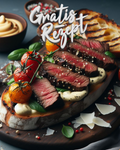 Wurzelbrot-Crostini mit Flanksteak, Misocreme, gegrillten Kirschtomaten und Parmesan