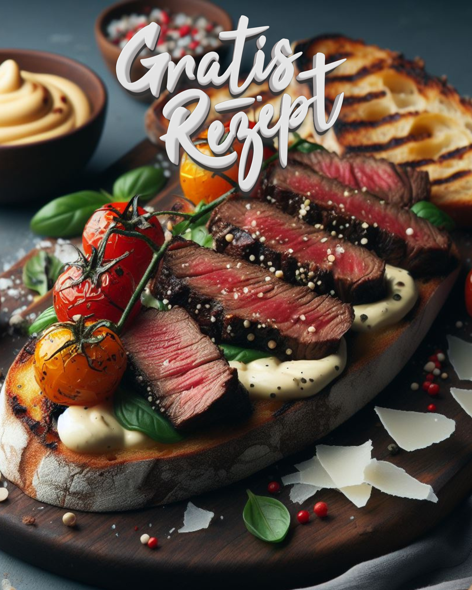 Wurzelbrot-Crostini mit Flanksteak, Misocreme, gegrillten Kirschtomaten und Parmesan